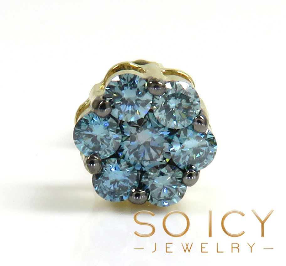 14k solid gold blue diamond 7mm single cluster earrings 0.50ct