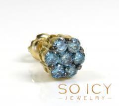 14k solid gold blue diamond 7mm single cluster earrings 0.50ct