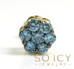 14k solid gold blue diamond 7mm single cluster earrings 0.50ct