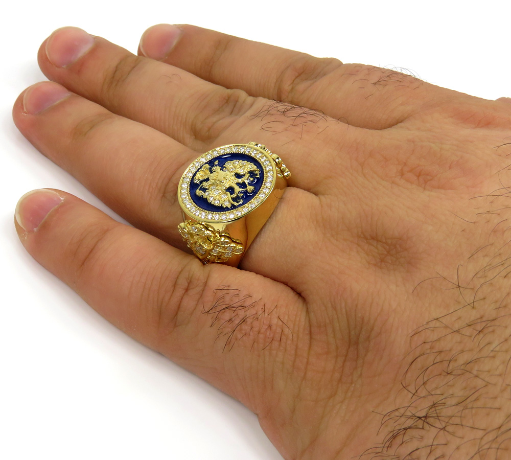 14k gold blue enamel diamond russian eagle ring 1.75ct - Image 5