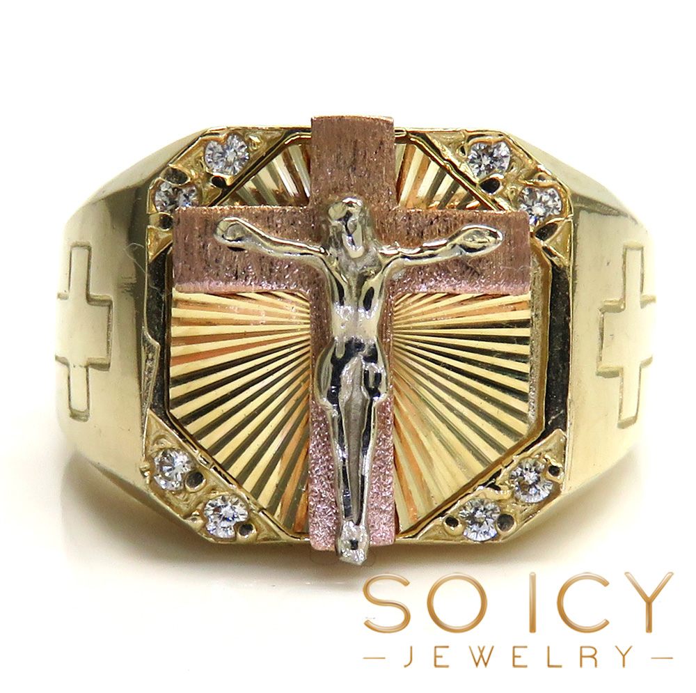 14k tri color gold cz hanging jesus cross ring 0.15ct - Image 2