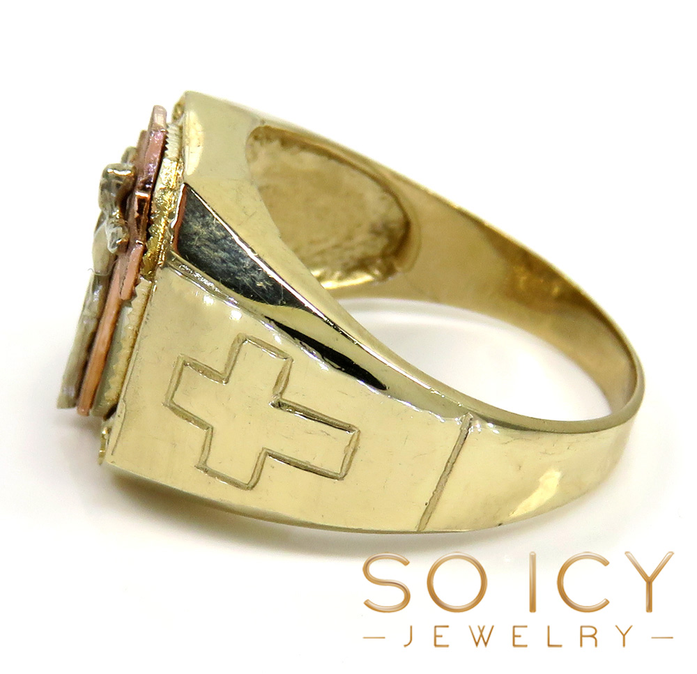 14k tri color gold cz hanging jesus cross ring 0.15ct