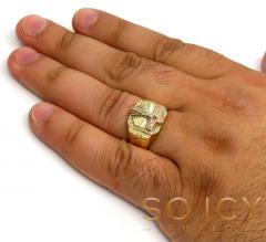 14k tri color gold cz hanging jesus cross ring 0.15ct