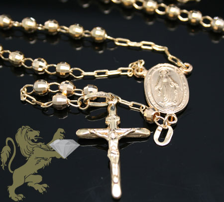 14k yellow gold diamond cut rosary 29 inch 3.8mm