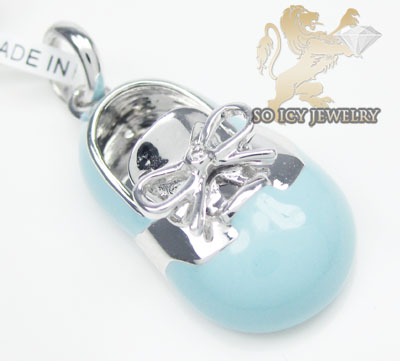 14k white gold baby blue enamel diamond baby shoe pendant 0.01ct - Image 1
