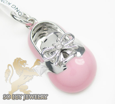 14k white gold pink enamel diamond baby shoe pendant 0.01ct - Image 1