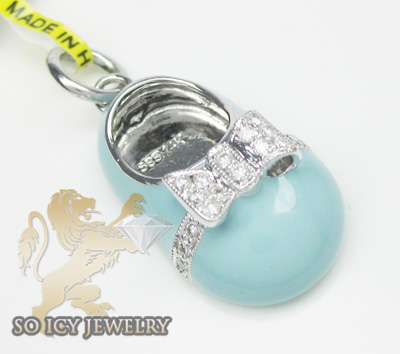 14k white gold baby blue enamel diamond baby shoe pendant 0.15ct