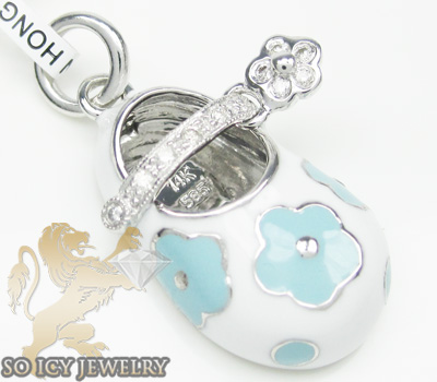 14k white & blue flower enamel diamond baby shoe pendant 0.09ct