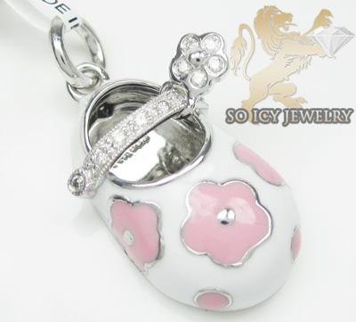 14k white & pink enamel diamond baby shoe pendant 0.08ct - Image 1