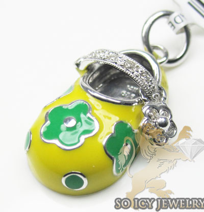 Diamond baby shoe pendant 14k white gold yellow & green flower enamel 0.09ct