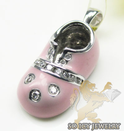 Diamond baby shoe pendant 14k white gold pink enamel 0.10ct - Image 1