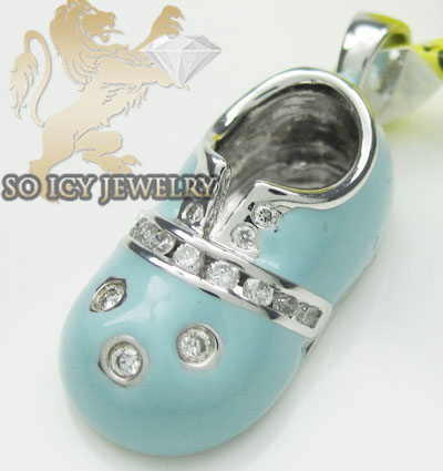 Diamond baby shoe pendant 14k white gold baby blue enamel 0.10ct