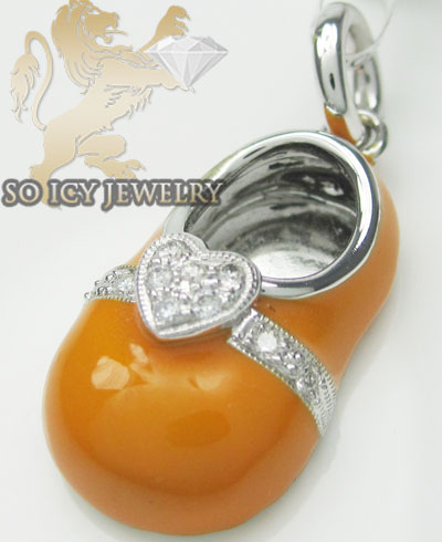Diamond heart baby shoe pendant 14k white gold orange  enamel 0.07ct