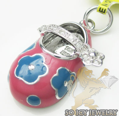 Diamond baby shoe pendant 14k white gold pink & blue flower enamel 0.08ct