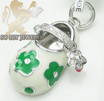 Diamond baby shoe pendant 14k white gold white & green flower enamel 0.07ct