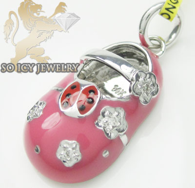 Diamond baby shoe pendant 14k white gold pink ladybug & flower enamel 0.03ct