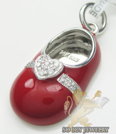Diamond heart baby shoe pendant 14k white gold red enamel 0.07ct