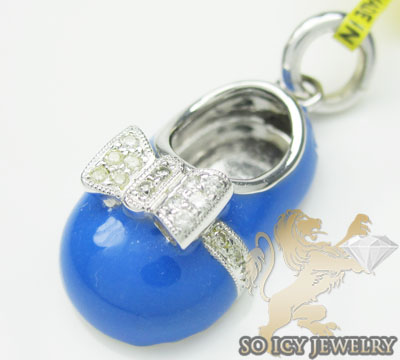 Diamond baby shoe pendant 14k white gold blue enamel 0.13ct
