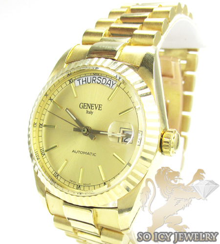 Mens 14k yellow gold geneve automatic watch