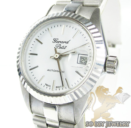 Womens 18k white gold gerard petit automatic watch