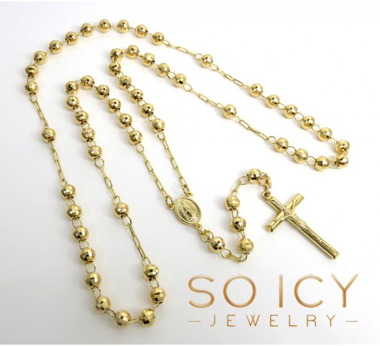 Rosary Necklace 14k Yellow Gold Diamond Cut Beads 30 Inches 5.8 Mm