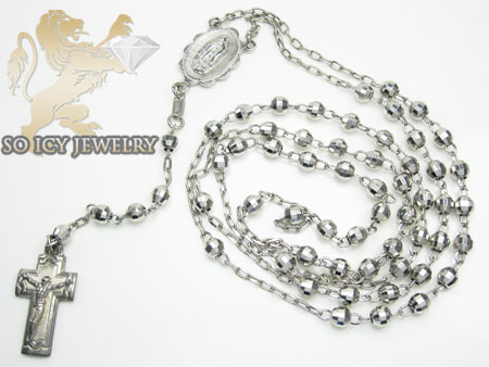 Rosary necklace 14k white gold diamond cut beads 29.50 inches 3.8 mm