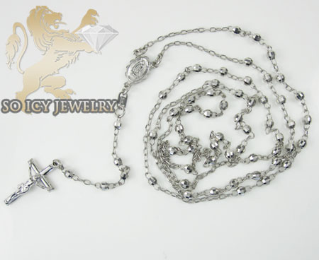 Rosary necklace 14k white gold diamond cut beads 29 inches 3mm - Image 1