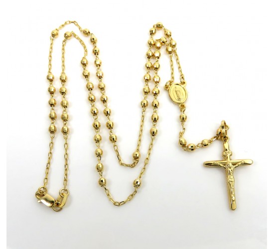 Rosary necklace 14k yellow gold diamond cut beads 20 inches 2.8mm