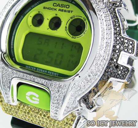 Mens silver g-shock diamond neon green watch 4.00ct