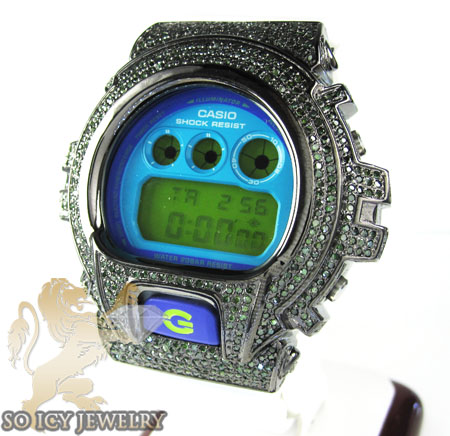 Mens black silver g-shock diamond light blue watch 4.00ct - Image 1