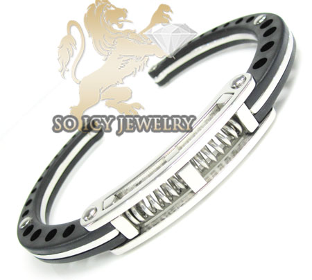 White Stainless Steel Black Handcuff Bracelet