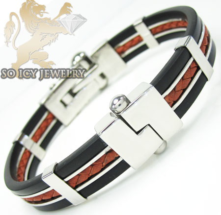 White stainless steel red & black rubber bracelet