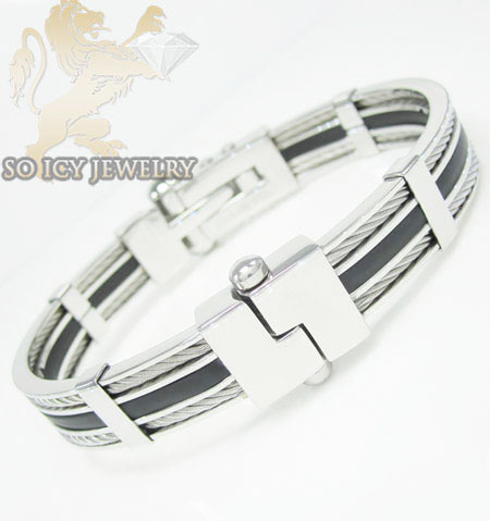 White stainless steel black rubber link bracelet