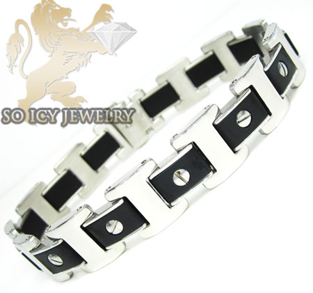 White stainless steel black screw link bracelet