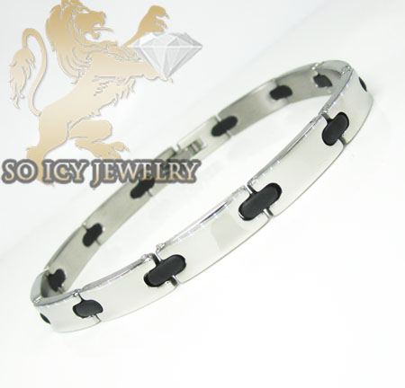 White stainless steel rubber link bracelet
