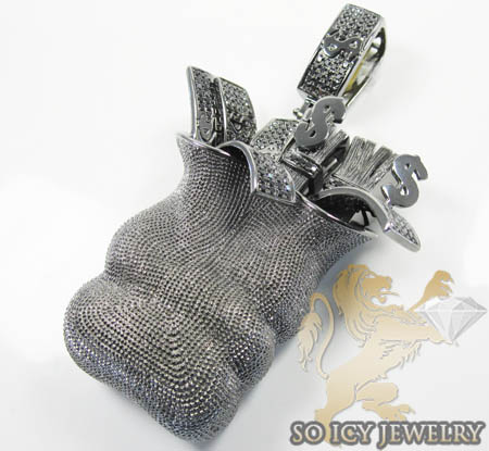 Mens 10k black gold diamond money bag pendant 2.00ct