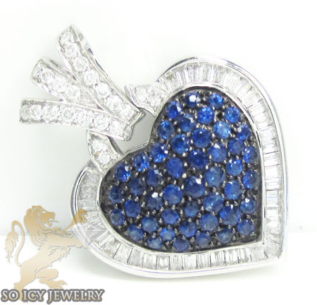 Ladies 18k white gold blue sapphire diamond heart pendant 2.39ct