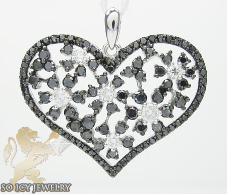 Ladies 14k white gold black & white diamond heart pendant 1.33ct