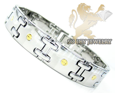 White stainless steel yellow screw link bracelet