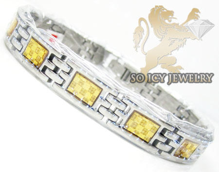 Two tone stainless steel yellow checkered link bracelet - Image 1