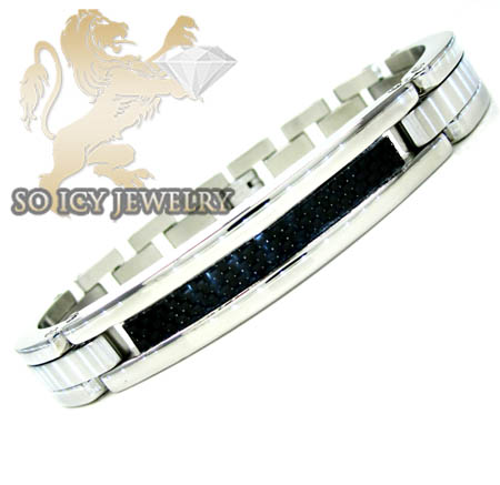White stainless steel black carbon fiber link bracelet
