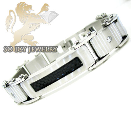 White stainless steel black carbon fiber link bracelet - Image 1