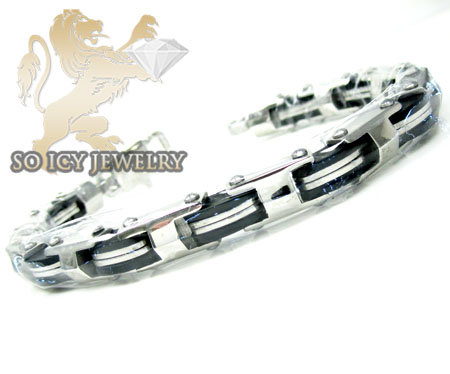 White stainless steel black enamel link bracelet - Image 1