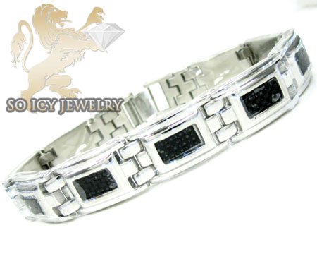 White stainless steel black carbon fiber box link bracelet - Image 1