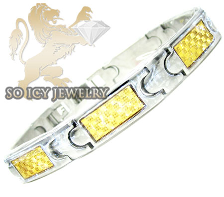 Two tone stainless steel yellow pattern checkered link bracelet