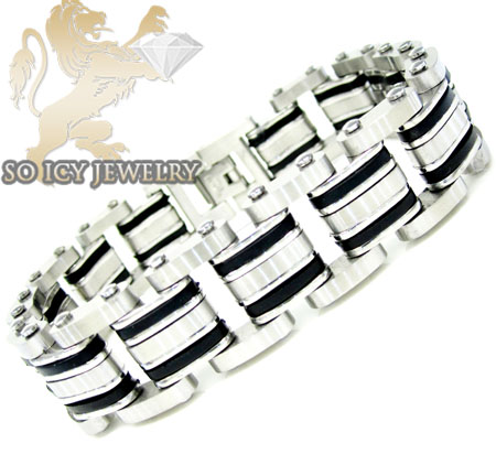 White stainless steel multi-link design black enamel bracelet