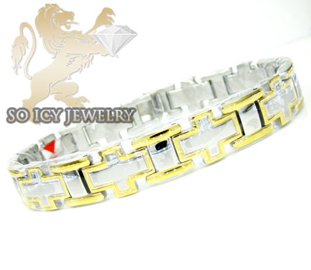 Two tone stainless steel cross link bracelet