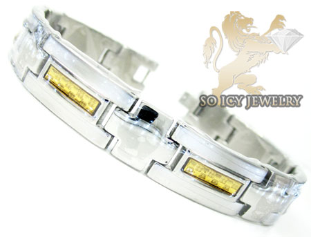Two tone stainless steel yellow checkered link bracelet