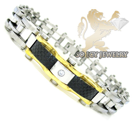 Two tone cz stainless steel carbon fiber bicycle bracelet