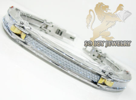 Two tone stainless steel white carbon fiber link bracelet